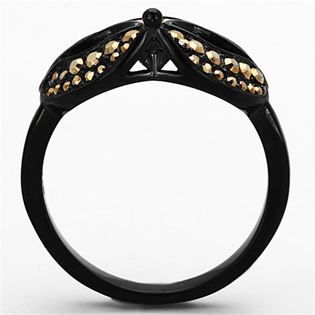 IP Black(Ion Plating) Stainless Steel Ring with Top Grade Crystal in Metallic Light Gold for Women Style TK1299