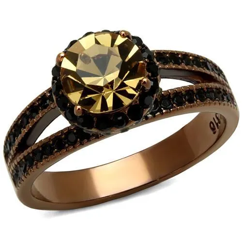 IP Coffee light Stainless Steel Ring with Top Grade Crystal in Light Smoked for Women Style TK2654