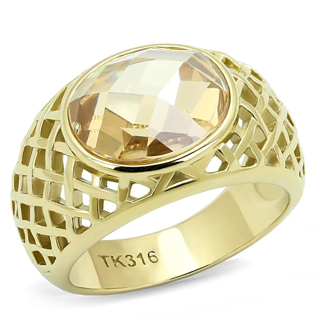 IP Gold(Ion Plating) Stainless Steel Ring with AAA Grade CZ in Champagne for Women Style TK3122