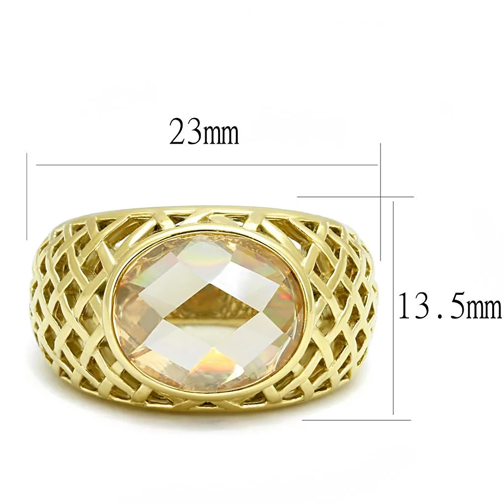 IP Gold(Ion Plating) Stainless Steel Ring with AAA Grade CZ in Champagne for Women Style TK3122