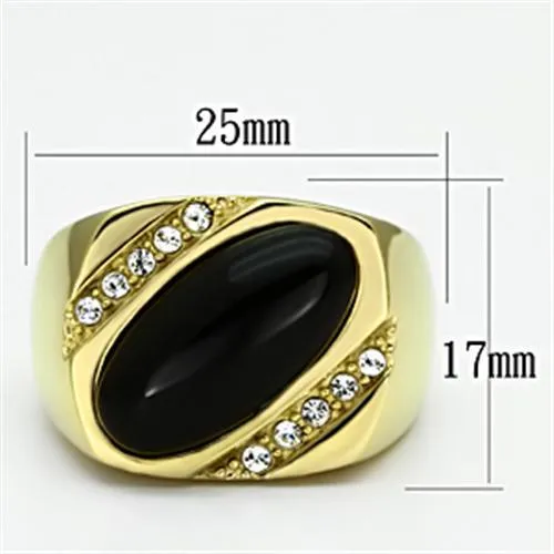 IP Gold(Ion Plating) Stainless Steel Ring with Semi-Precious Onyx in Jet for Women Style TK716