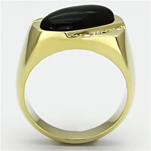 IP Gold(Ion Plating) Stainless Steel Ring with Semi-Precious Onyx in Jet for Women Style TK716