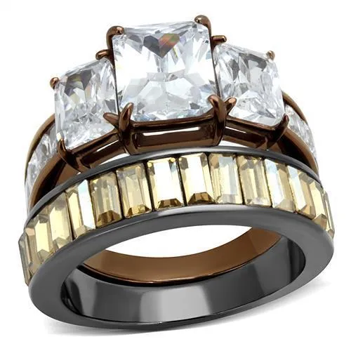 IP Light Black & IP Light coffee Stainless Steel Ring with AAA Grade CZ in Clear for Women Style TK2747