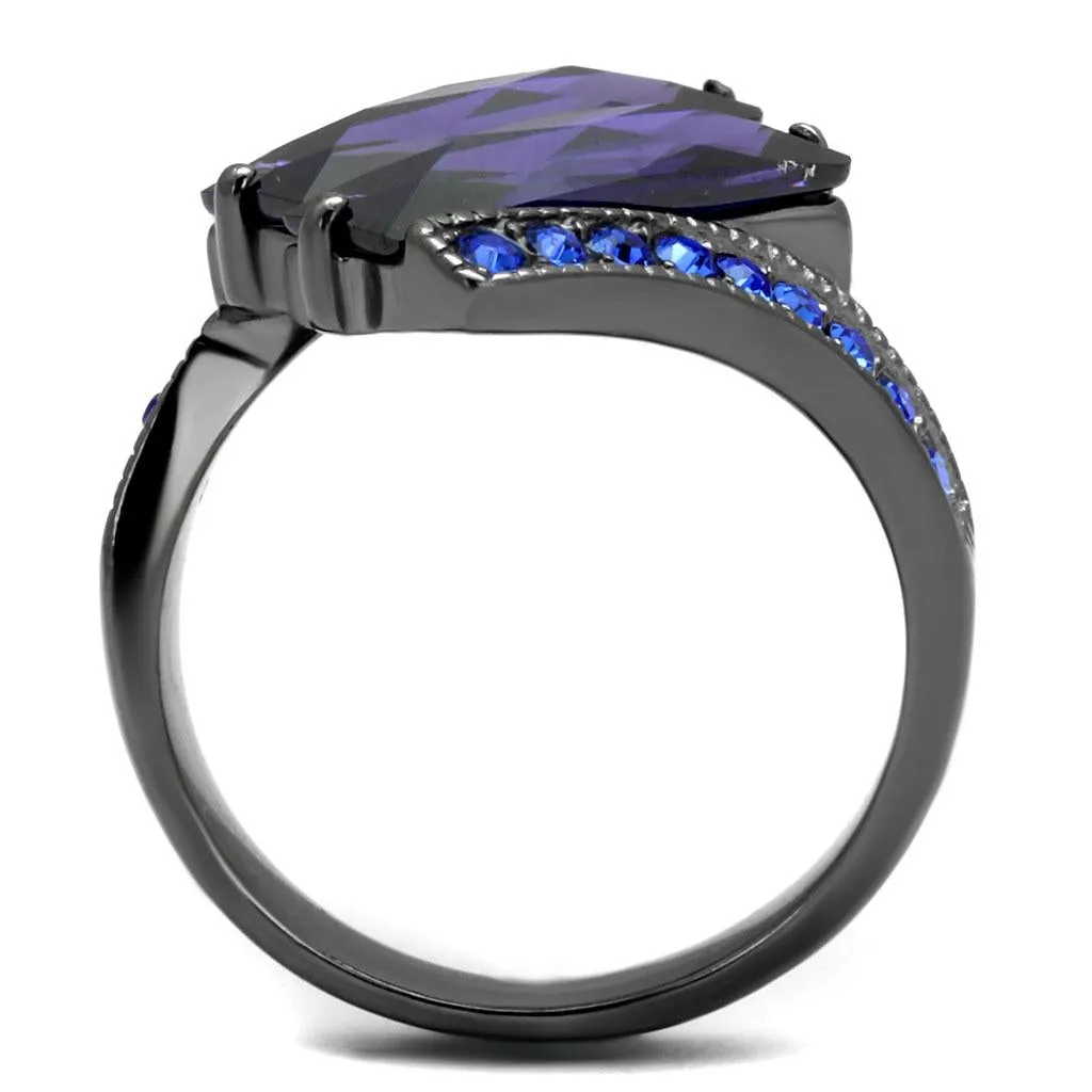 IP Light Black (IP Gun) Stainless Steel Ring with AAA Grade CZ in Tanzanite for Women Style TK2996