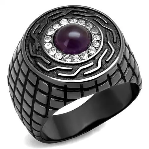 IP Light Black (IP Gun) Stainless Steel Ring with Semi-Precious Amethyst Crystal in Amethyst for Women Style TK2813