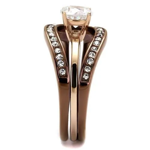 IP Rose Gold & IP light Coffee Stainless Steel Ring with AAA Grade CZ in Clear for Women Style TK2032LC