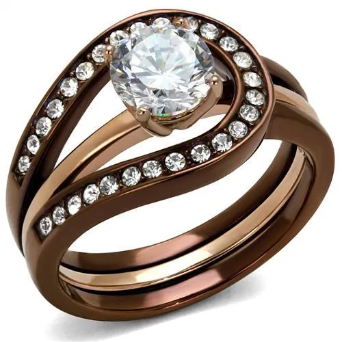 IP Rose Gold & IP light Coffee Stainless Steel Ring with AAA Grade CZ in Clear for Women Style TK2032LC