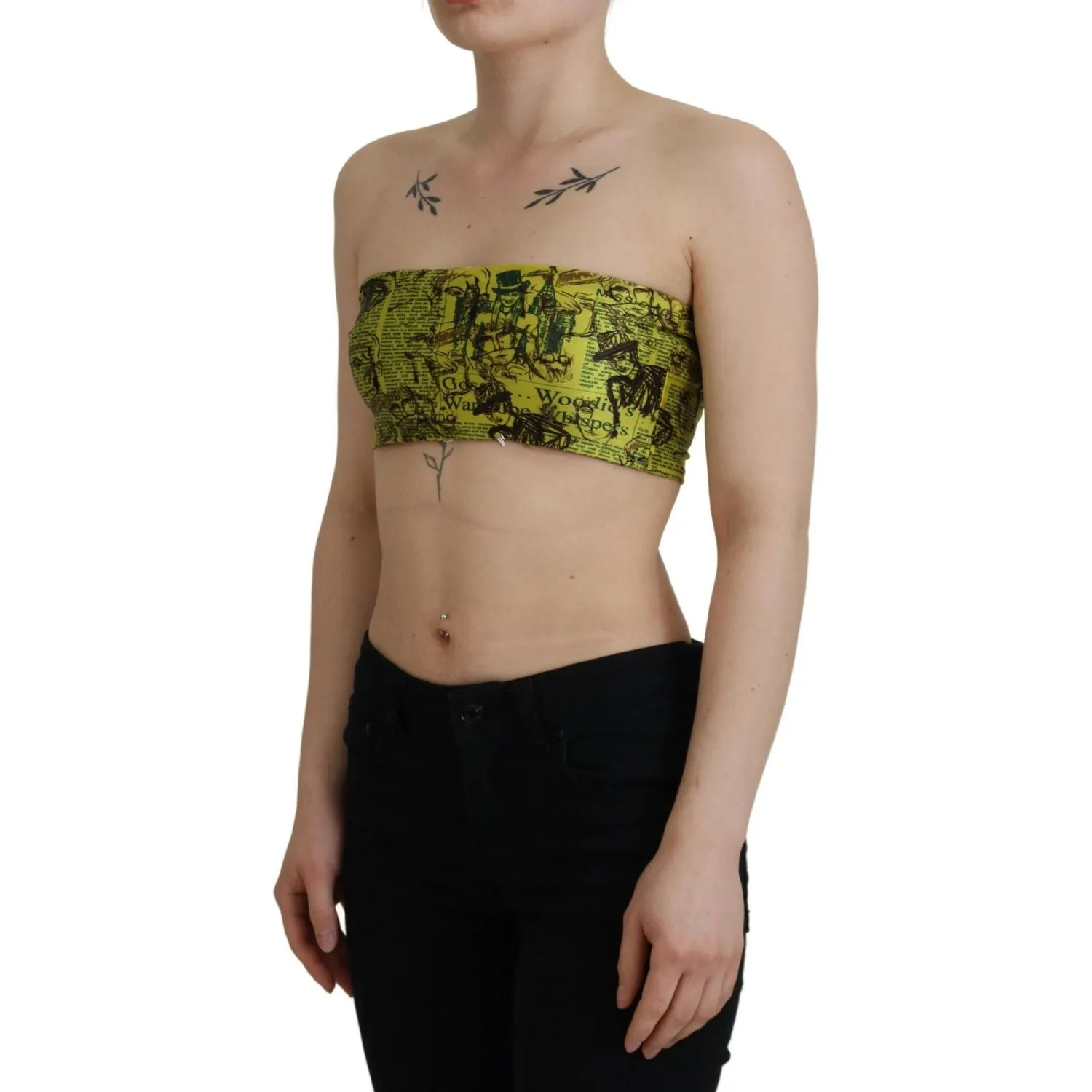 John Galliano Chic Yellow Graphic Cropped Top