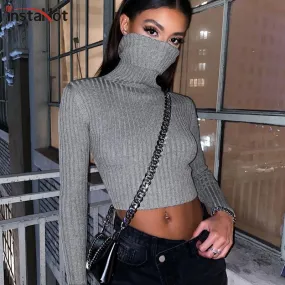 Joskaa Christmas Gift InstaHot pullovers knitted sweater women casual turtleneck sweaters jumpers solid gray black female sweater knitwear crop top