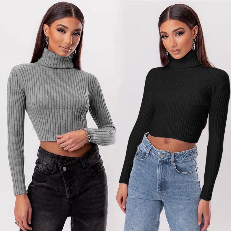 Joskaa Christmas Gift InstaHot pullovers knitted sweater women casual turtleneck sweaters jumpers solid gray black female sweater knitwear crop top