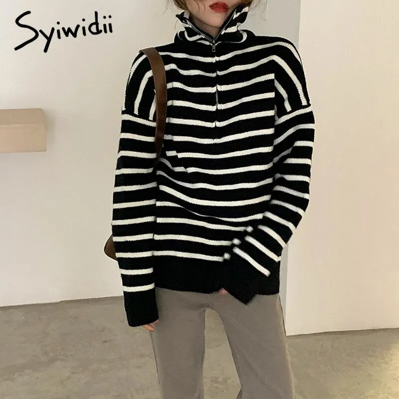 Joskaa Striped Sweaters Women Autumn Winter 2024 Fashion New Half Zipper Turtleneck Long Sleeve Knitted Jumpers Loose Pullover