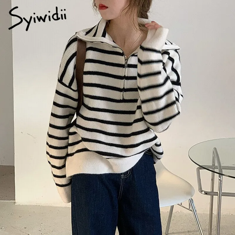 Joskaa Striped Sweaters Women Autumn Winter 2024 Fashion New Half Zipper Turtleneck Long Sleeve Knitted Jumpers Loose Pullover