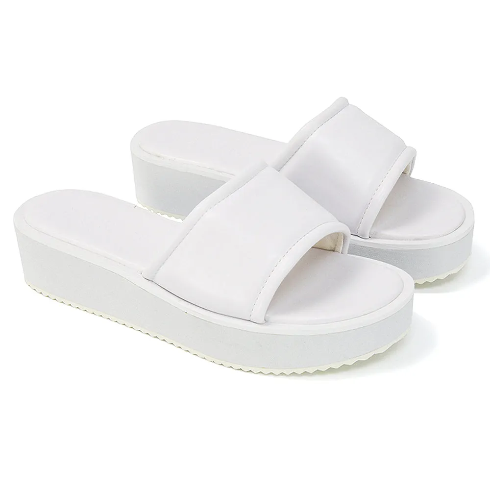 Julian Cleated Sole Slip on Flatform Sandal Slippers in White Synthetic Leather