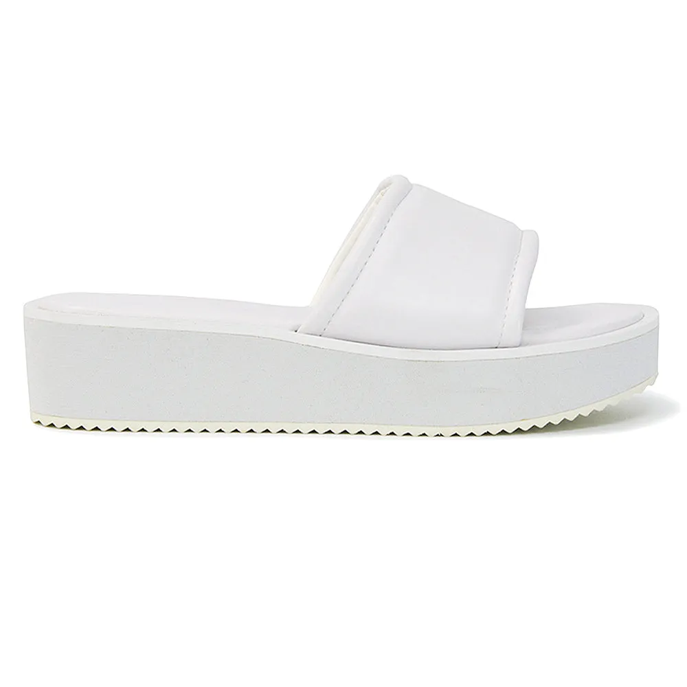 Julian Cleated Sole Slip on Flatform Sandal Slippers in White Synthetic Leather