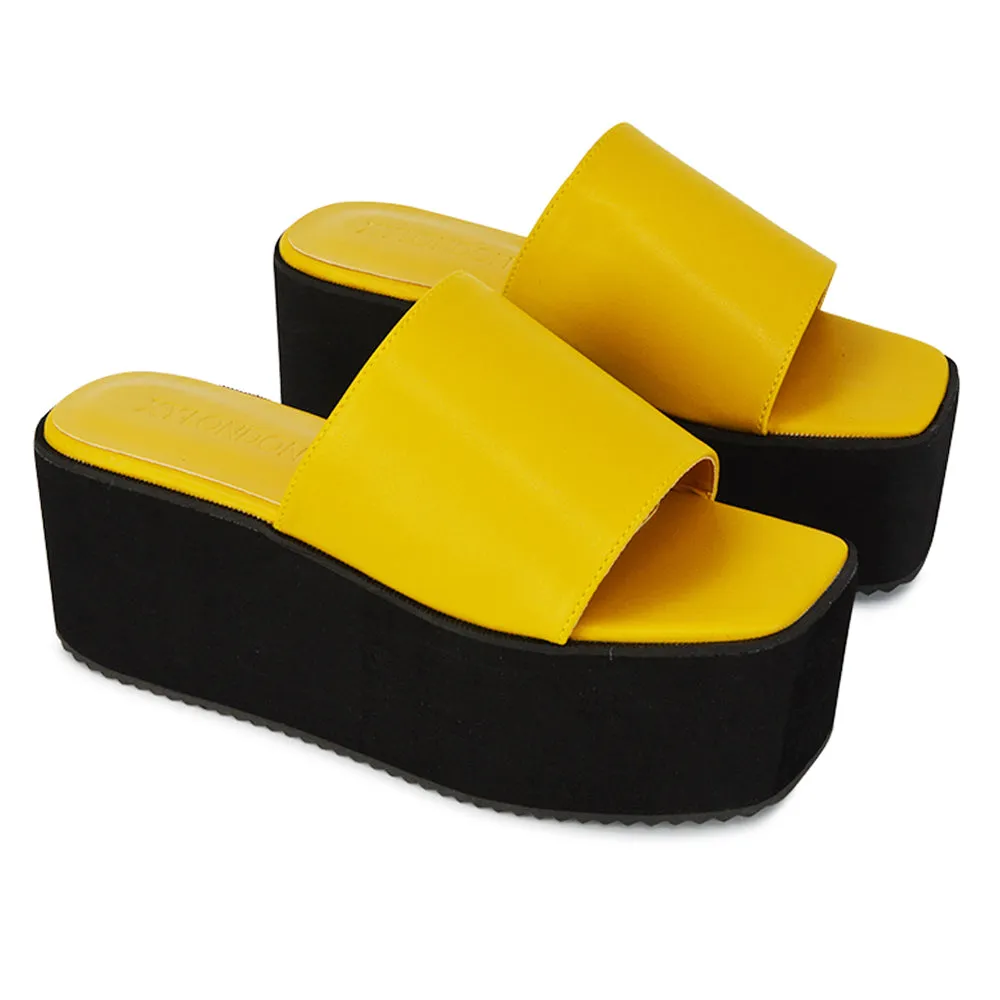 Kaiya Square Toe Slip on Flatform Sandal Slides in Black Synthetic Leather