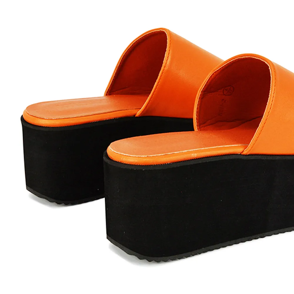 Kaiya Square Toe Slip on Flatform Sandal Slides in Black Synthetic Leather