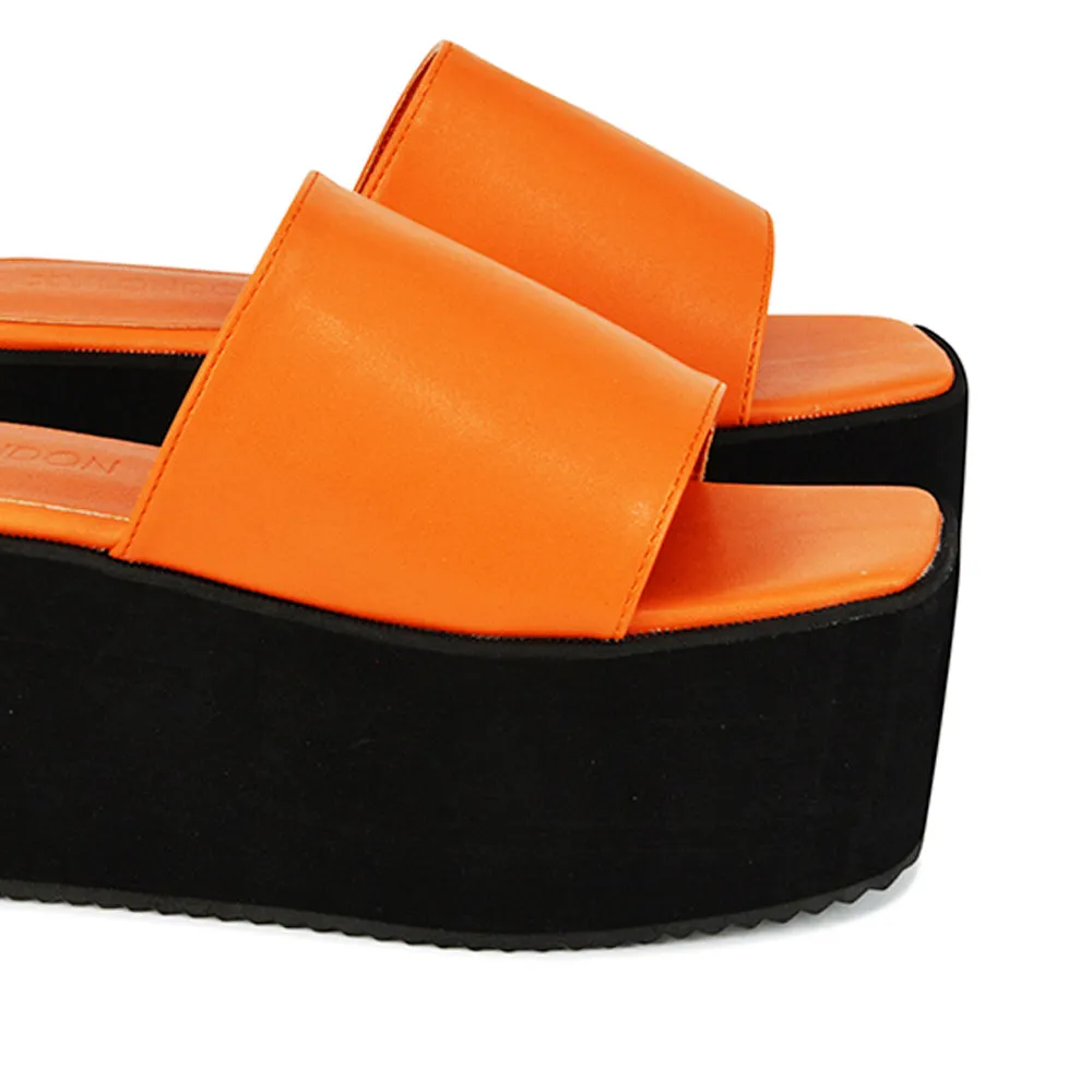 Kaiya Square Toe Slip on Flatform Sandal Slides in Black Synthetic Leather