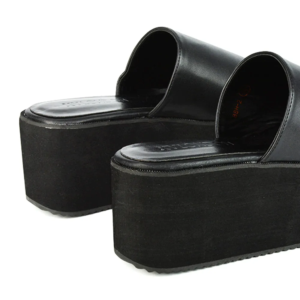 Kaiya Square Toe Slip on Flatform Sandal Slides in Black Synthetic Leather