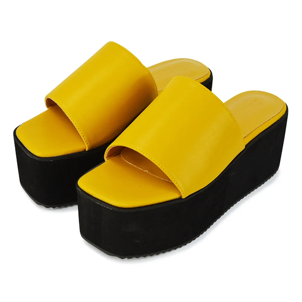 Kaiya Square Toe Slip on Flatform Sandal Slides in Black Synthetic Leather