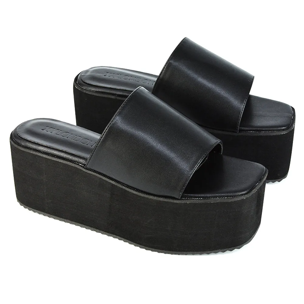 Kaiya Square Toe Slip on Flatform Sandal Slides in Black Synthetic Leather