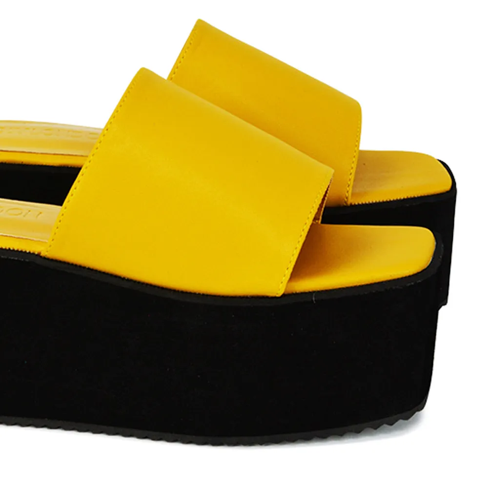 Kaiya Square Toe Slip on Flatform Sandal Slides in Black Synthetic Leather