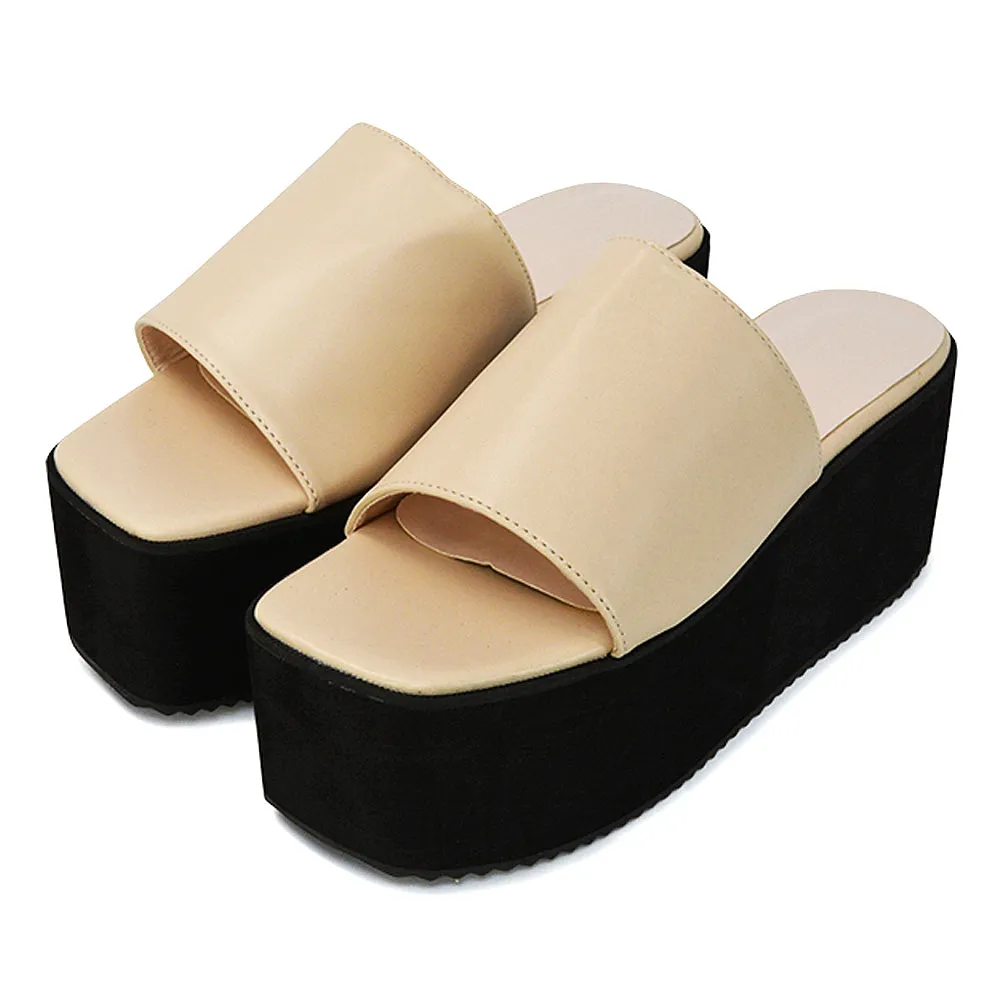 Kaiya Square Toe Slip on Flatform Sandal Slides in Black Synthetic Leather