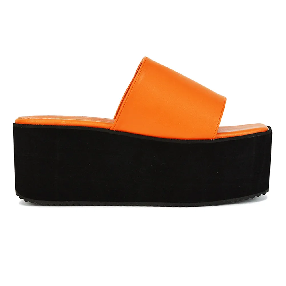 Kaiya Square Toe Slip on Flatform Sandal Slides in Black Synthetic Leather