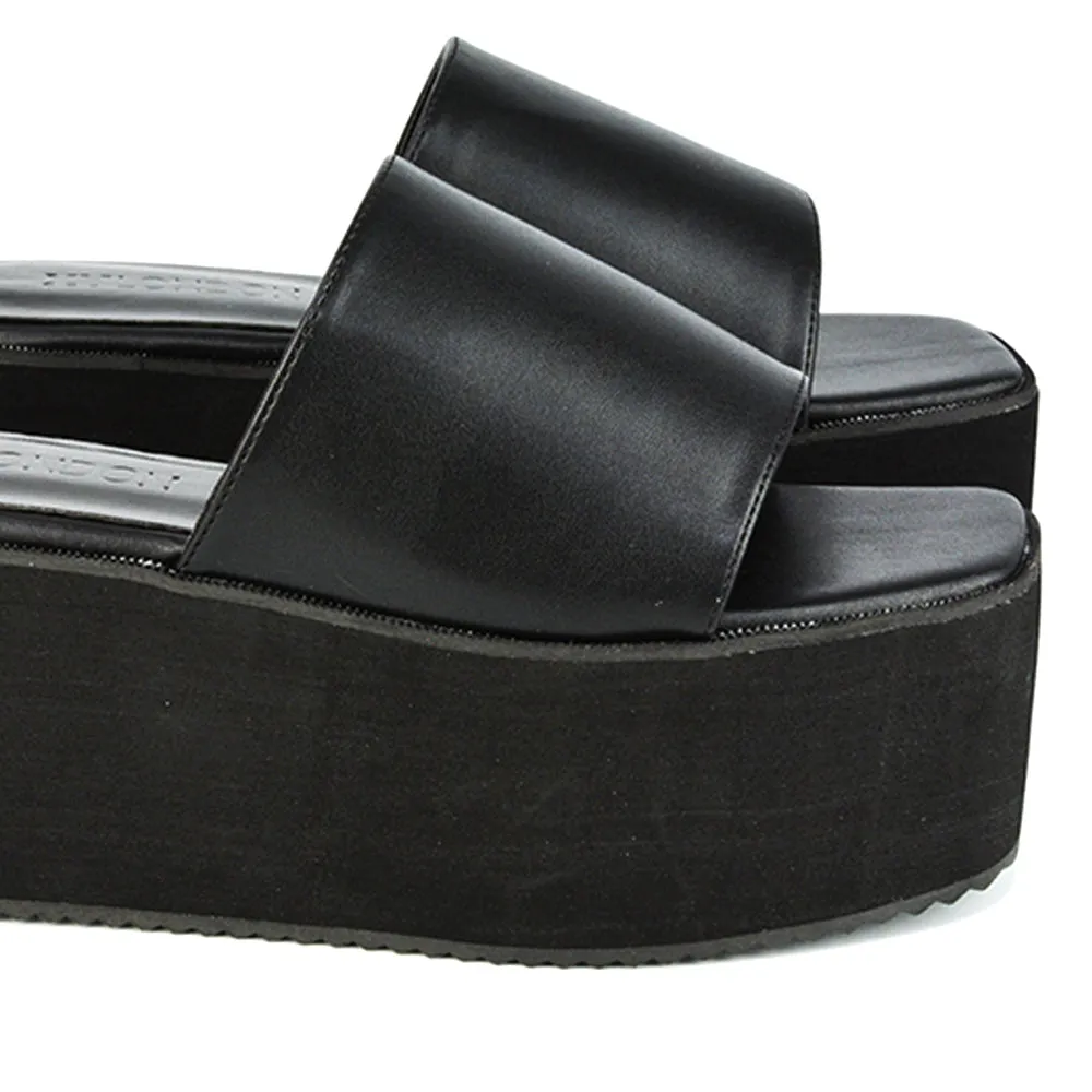 Kaiya Square Toe Slip on Flatform Sandal Slides in Black Synthetic Leather