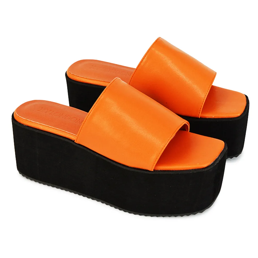 Kaiya Square Toe Slip on Flatform Sandal Slides in Black Synthetic Leather