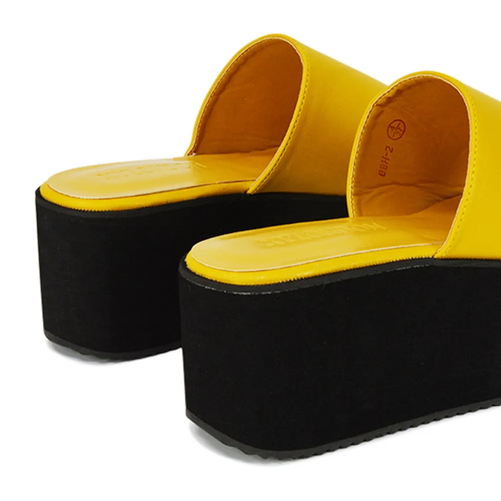 Kaiya Square Toe Slip on Flatform Sandal Slides in Black Synthetic Leather