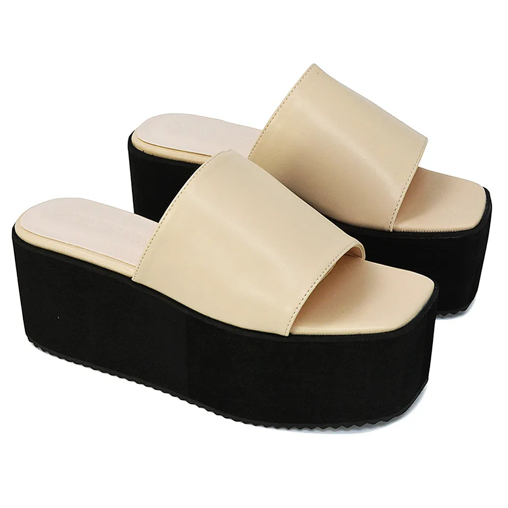 Kaiya Square Toe Slip on Flatform Sandal Slides in Black Synthetic Leather