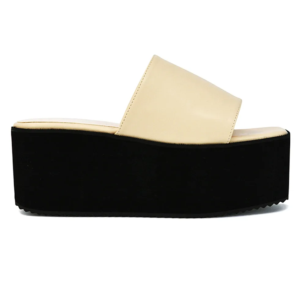 Kaiya Square Toe Slip on Flatform Sandal Slides in Black Synthetic Leather