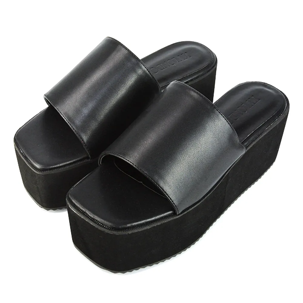 Kaiya Square Toe Slip on Flatform Sandal Slides in Black Synthetic Leather