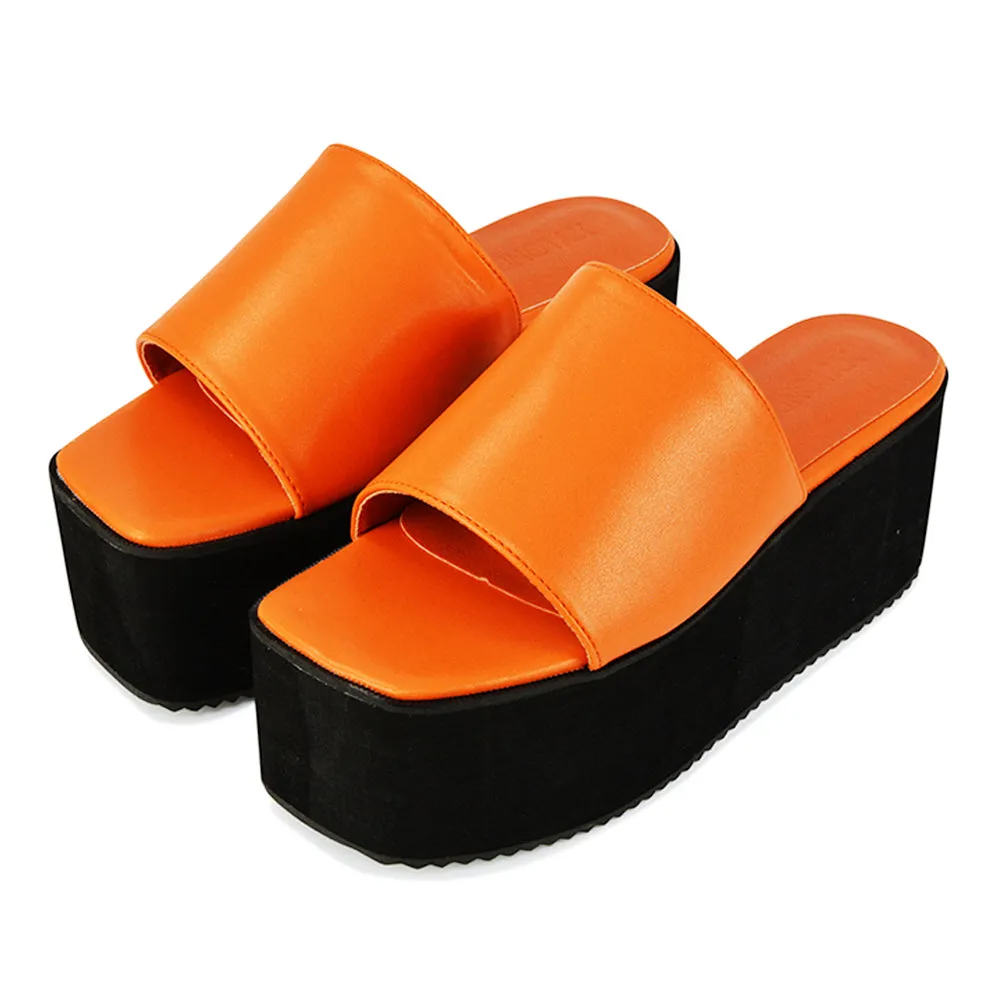 Kaiya Square Toe Slip on Flatform Sandal Slides in Black Synthetic Leather