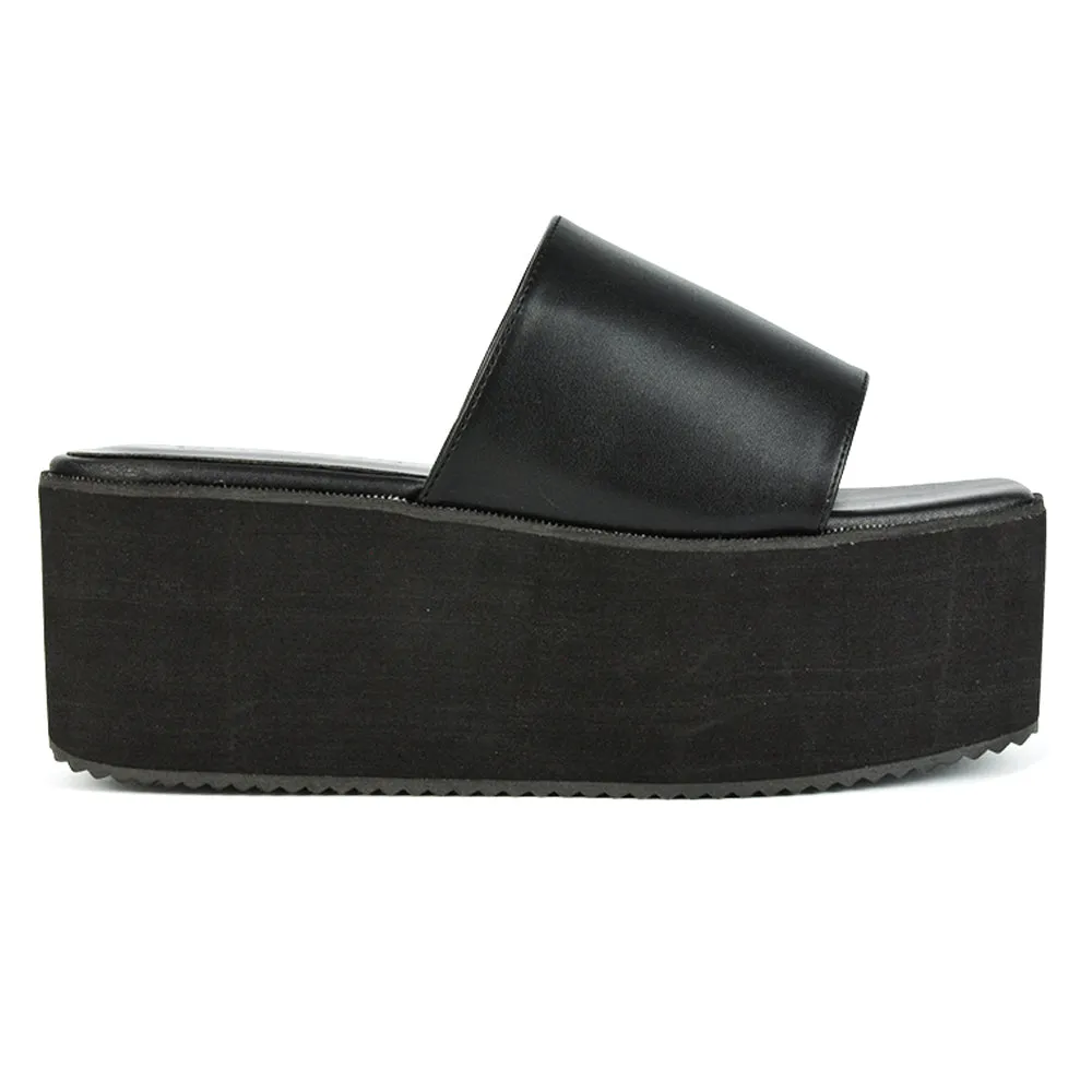 Kaiya Square Toe Slip on Flatform Sandal Slides in Black Synthetic Leather