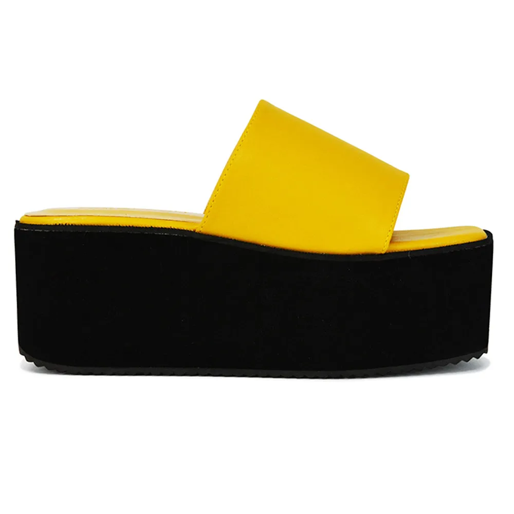 Kaiya Square Toe Slip on Flatform Sandal Slides in Black Synthetic Leather