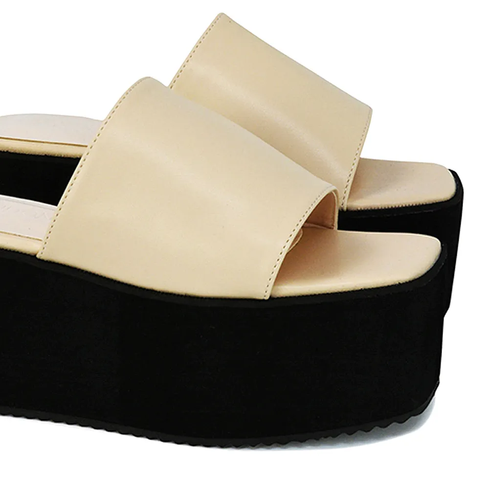 Kaiya Square Toe Slip on Flatform Sandal Slides in Black Synthetic Leather