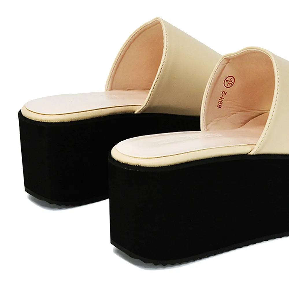 Kaiya Square Toe Slip on Flatform Sandal Slides in Black Synthetic Leather