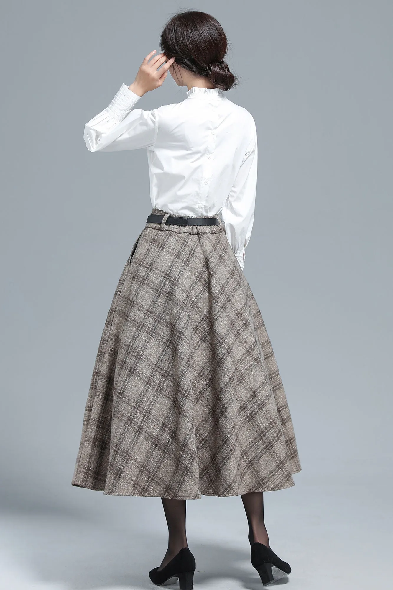 Khaki Plaid Wool Skirt 3133