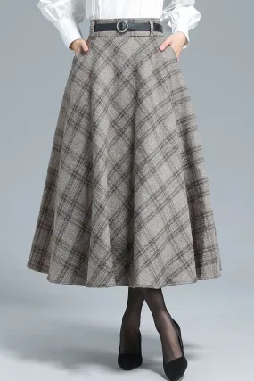 Khaki Plaid Wool Skirt 3133