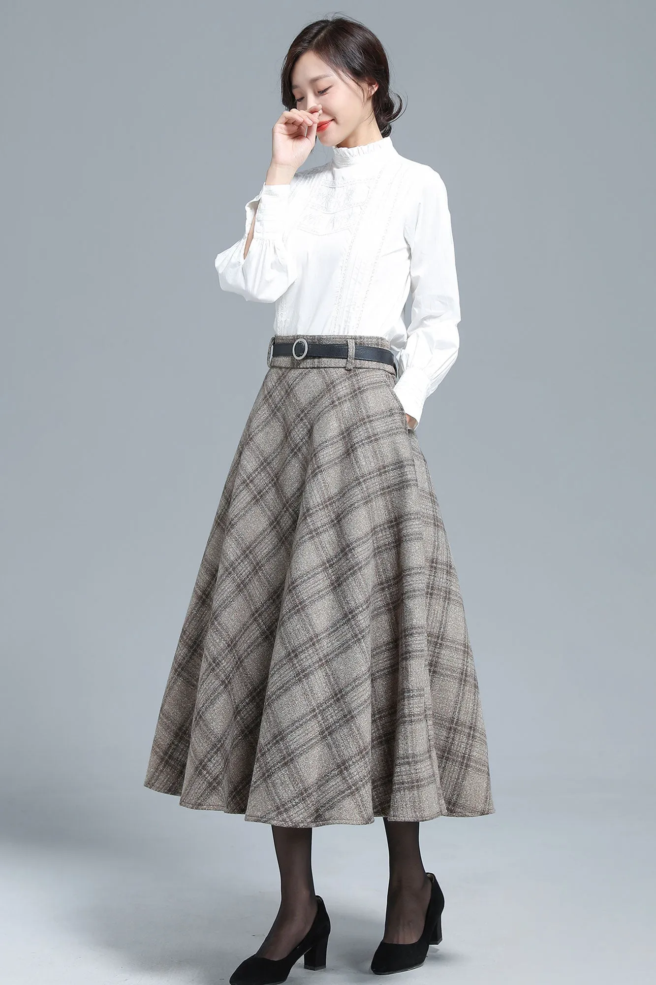 Khaki Plaid Wool Skirt 3133