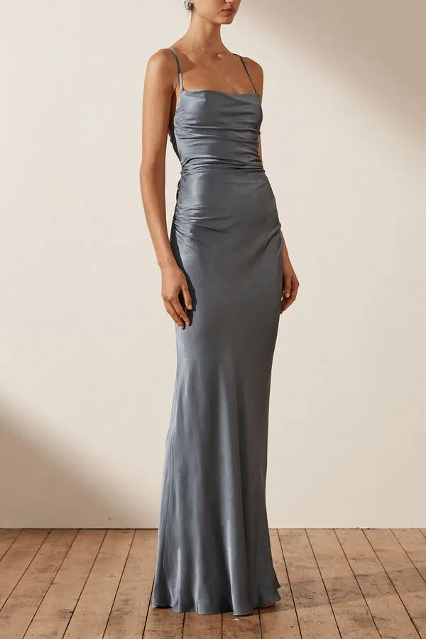 La Lune Backless Ruched Maxi Smoke Blue