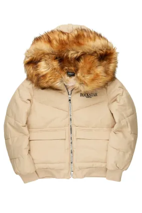 Langston Beige Puffer Jacket with Fur Hood