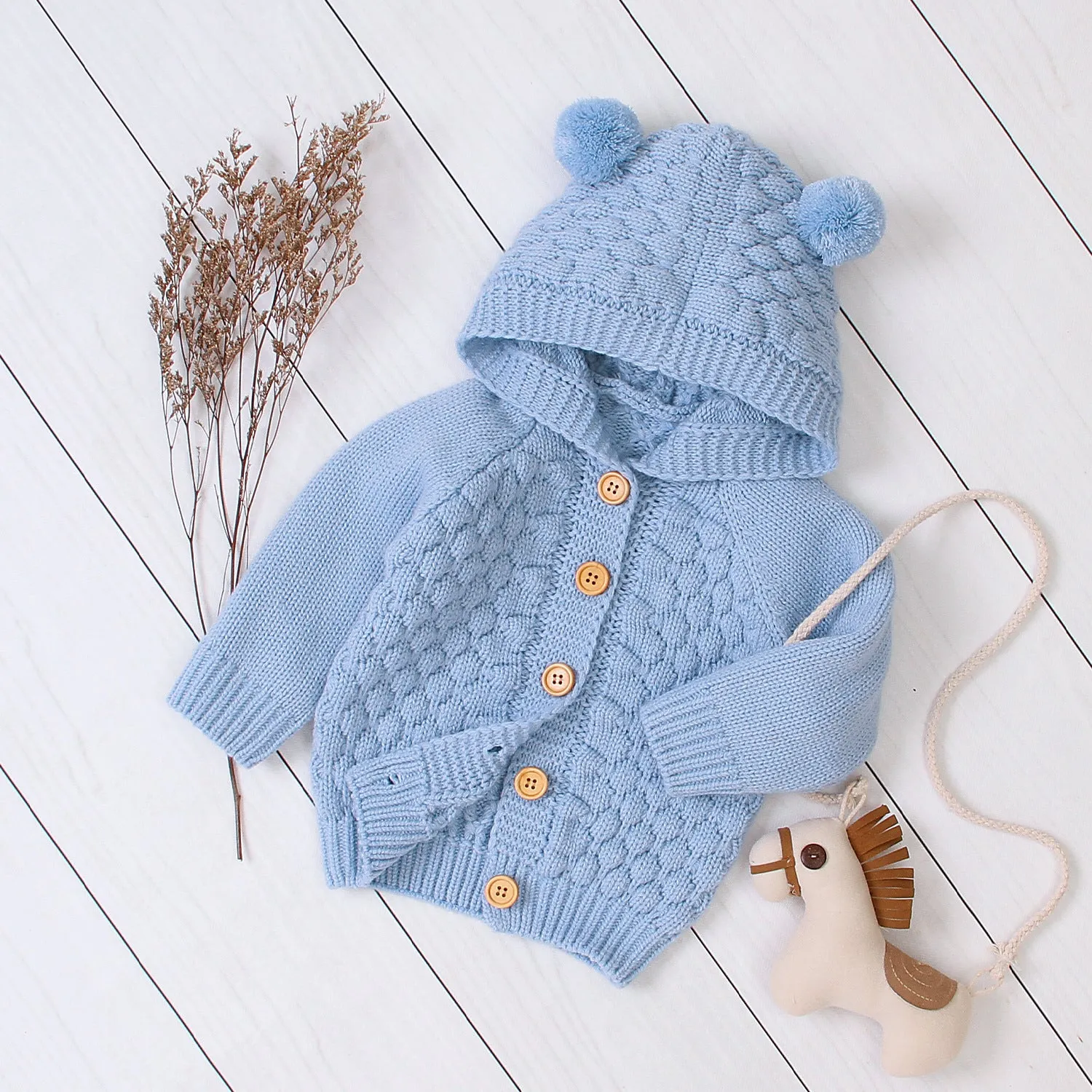 Little Surprise Box Infants Baby Blue Knitted Cardigan Sweater with Pom Pom Hoodie-12-18M