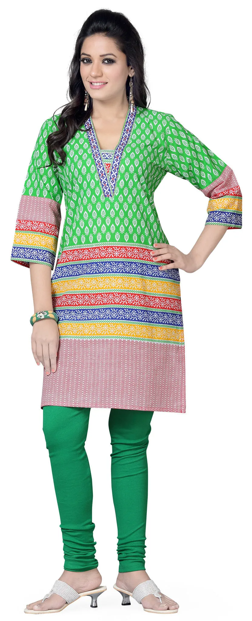 Long Tunic Top Kurti Womens Embroidered Cotton Indian Apparel (Green)