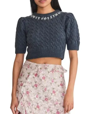 Loveshackfancy Chapelle Crop Wool Sweater in Charcoal