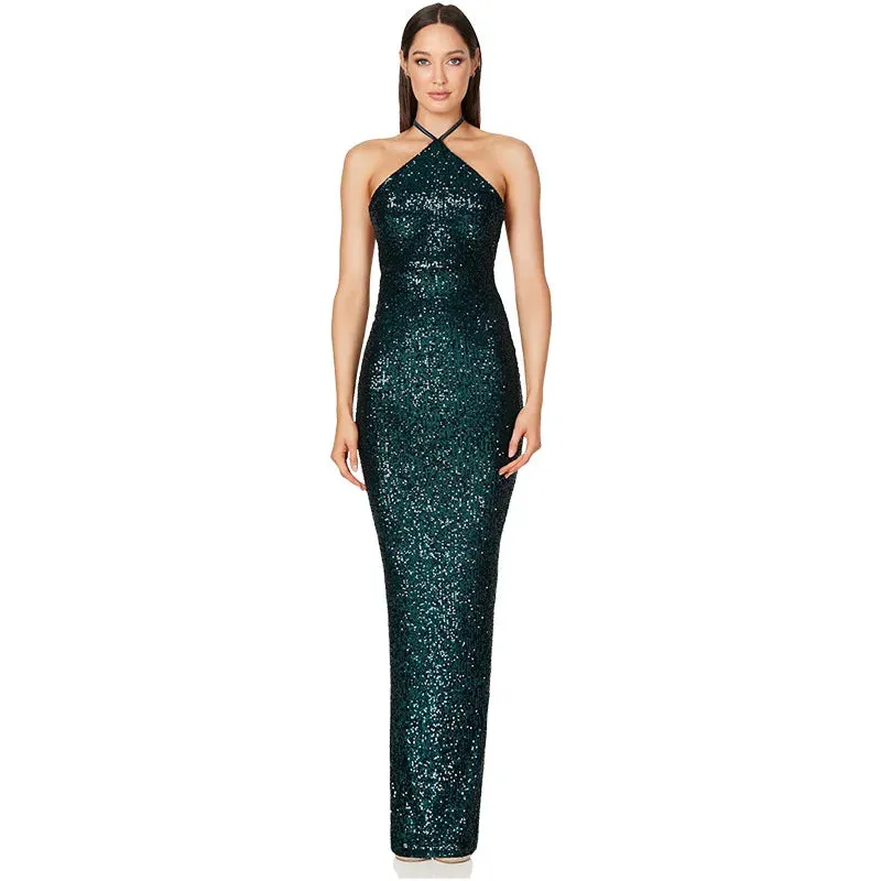 Lower Split Sequin Neck Hanging Lace Long Formal Dress