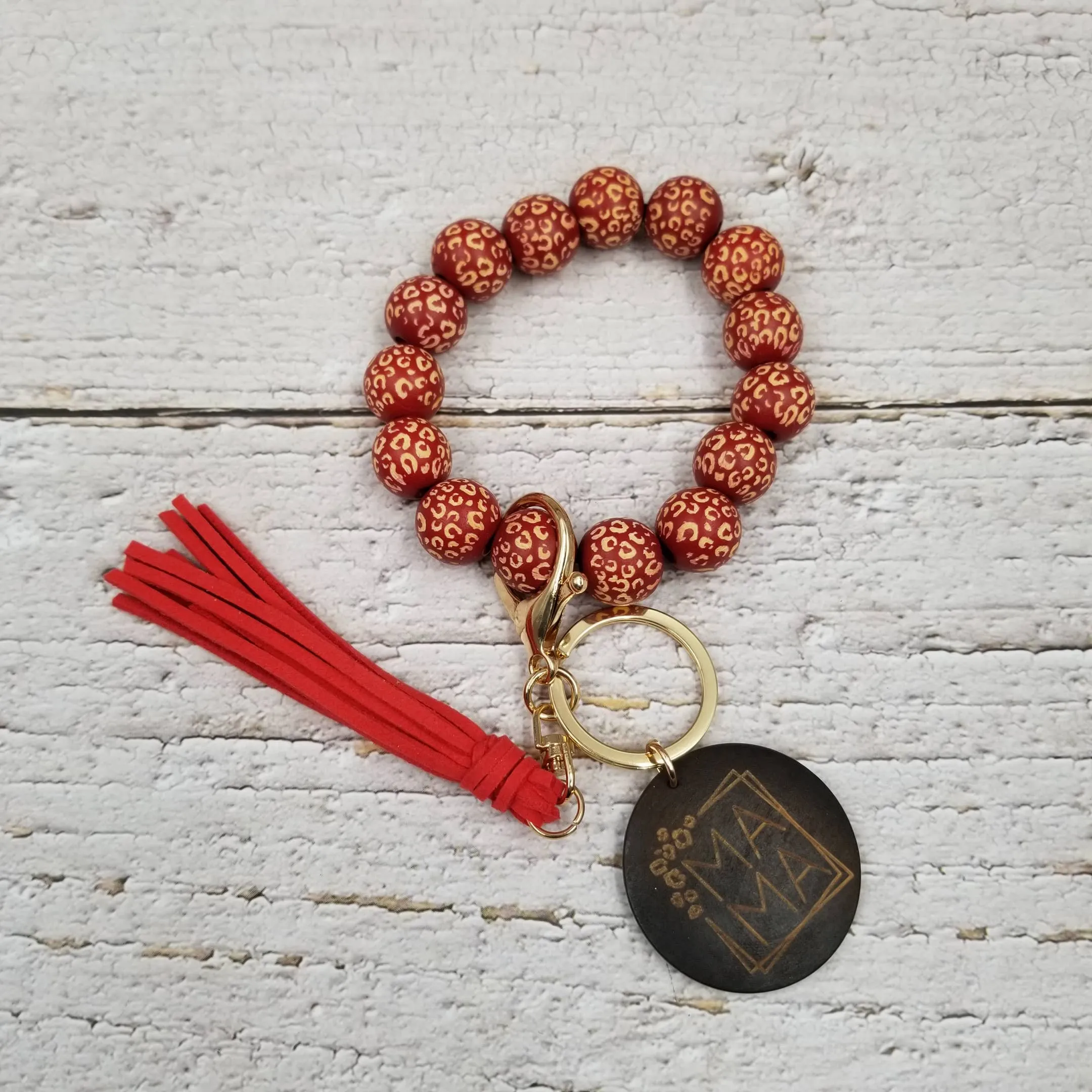 MAMA Leopard Wood Bead Bracelet Keychain: Red