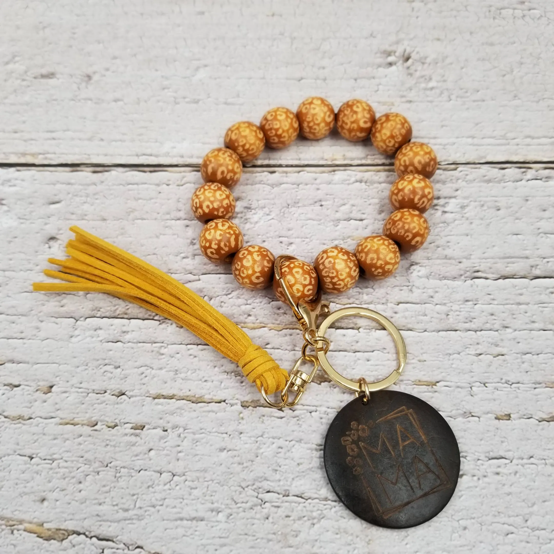 MAMA Leopard Wood Bead Bracelet Keychain: Red