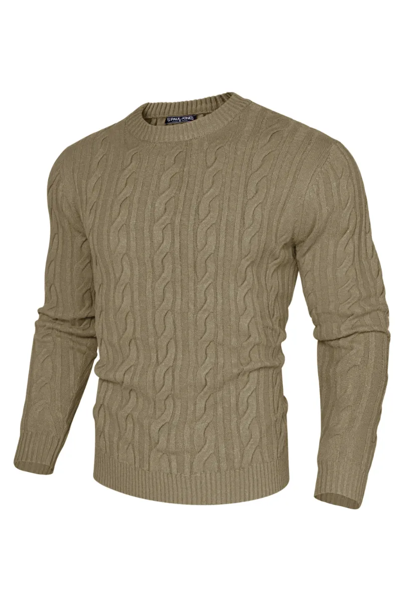 Men Cable Knitted Sweater Long Sleeve Crew Neck Ribbed Cuff Pullover